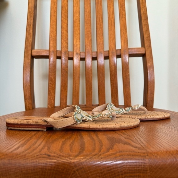 Tommy Bahama Cork, Rhinestone, Abalone Shell, Turquoise, Gold Thongs, Sandals, 8 - Picture 4 of 8